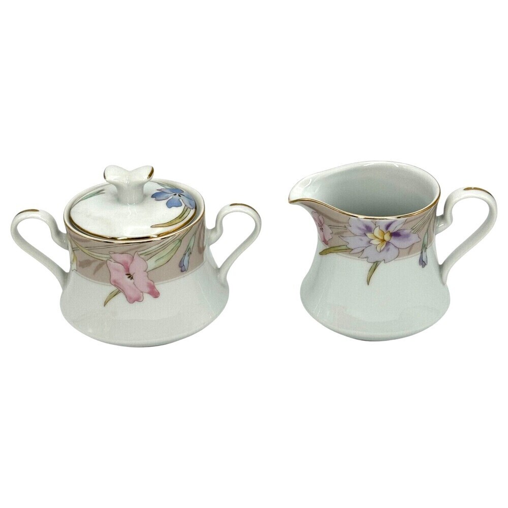 Mikasa Charisma Beige L9048 Creamer & Sugar Bowl Lid Floral 3pc Dinnerware VTG